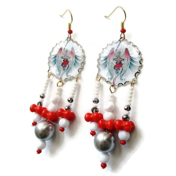 Red White Grey Goth Earrings Handmade Red Wings & Crucifix Gothic Style - Picture 3 of 8